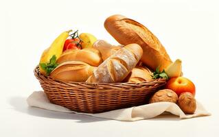 Food in a Wicker Basket on a White Background. Generative By Ai photo
