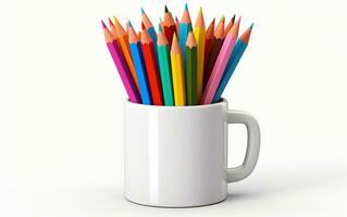 Pencils in a Mug on a White Background. Generative By Ai photo