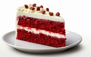 rojo terciopelo pastel rebanada en un blanco antecedentes. generativo por ai foto