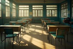 vacío colegio clase en luz solar. generativo por ai foto