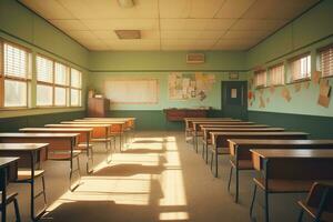 vacío colegio clase en luz solar. generativo por ai foto