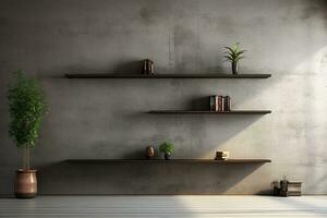 Interior Design with Gray Concrete Wall and Shelves. Generative By Ai photo