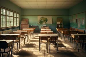 Empty School Class in Sunshine. Generative By Ai photo