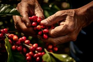 agricultores mano cosecha rojo bayas y café frijoles. generativo por ai foto