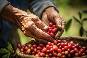 agricultores mano cosecha rojo bayas y café frijoles. generativo por ai foto