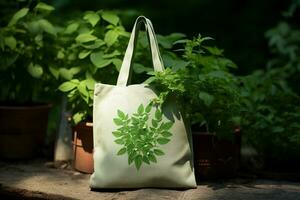 Respetuoso del medio ambiente bolso adornado con hojas y plantas. generativo por ai foto