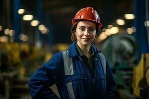 Female Factory Worker Wearing a Safety Helmet. Generative By Ai photo