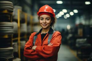 Female Factory Worker Wearing a Safety Helmet. Generative By Ai photo