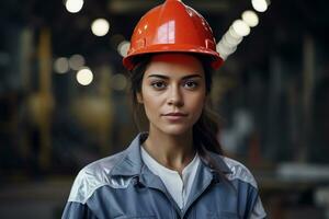 Female Factory Worker Wearing a Safety Helmet. Generative By Ai photo