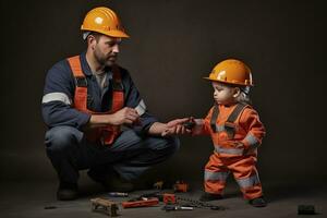 padre y pequeño hijo jugando realista construcción trabajar. generativo por ai foto