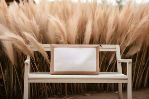 Frame Mock-up Near Bench and Pampas Grass. Generative By Ai photo