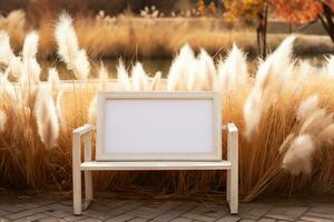 Frame Mock-up Near Bench and Pampas Grass. Generative By Ai photo