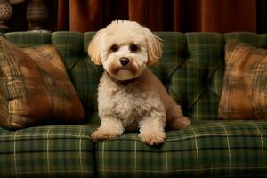 maltipoo elegante encuentro con un Clásico cuero silla. generativo por ai foto