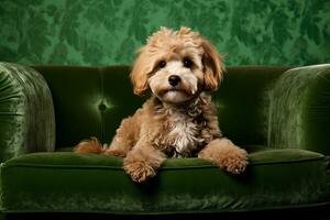 Maltipoo's Stylish Encounter with a Vintage Leather Chair. Generative By Ai photo