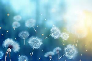 Blurred Nature Background with Dandelion Parachutes. Generative By Ai photo