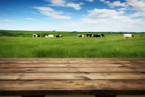 Farm-to-Table Delights Cows Grazing Beyond the Wooden Table. Generative By Ai photo