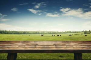 Farm-to-Table Delights Cows Grazing Beyond the Wooden Table. Generative By Ai photo