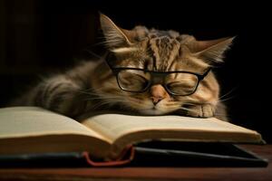 gato siesta en abierto libro con lentes. generativo por ai foto