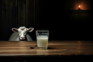 Rustic Farm Setting Goat and Milk on Wooden Table. Generative By Ai photo