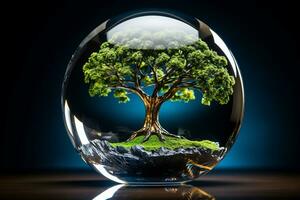 Crystal Globe and Tree Harmony. Generative By Ai photo