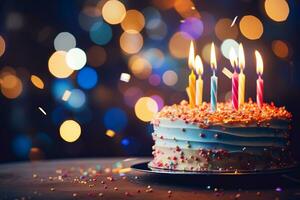 Birthday Cake's Candlelit Beauty. Generative By Ai photo
