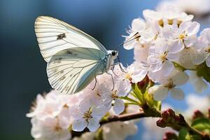 de cerca de aporía crataegi encaramado en un flor. generativo por ai foto