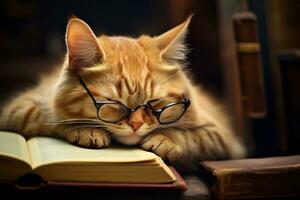 gato siesta en abierto libro con lentes. generativo por ai foto