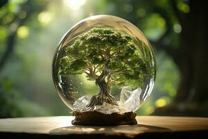 cristal globo y árbol armonía. generativo por ai foto