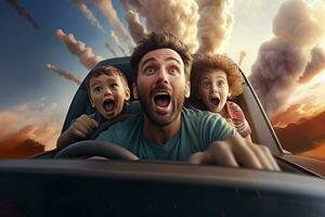 un alegre coche paseo con papá y hermanos. generativo por ai foto