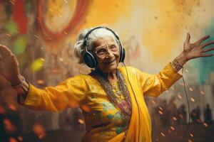 An Elderly Indian Woman's Dance of Happiness. Generative By Ai photo