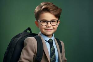 Portrait of a Cheerful Schoolboy in Eyeglasses with Backpack. Generative By Ai photo
