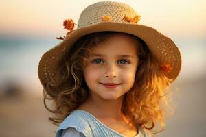 Portrait of a Cute Little Girl on the Beach in Summer. Generative By Ai photo