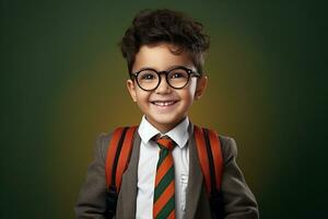 Portrait of a Cheerful Schoolboy in Eyeglasses with Backpack. Generative By Ai photo