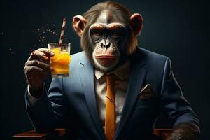 Portrait of a Stylish Business Monkey in a Suit. Generative By Ai photo