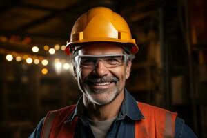 Portrait of a Happy Mature Man in a Construction Helmet. Generative By Ai photo
