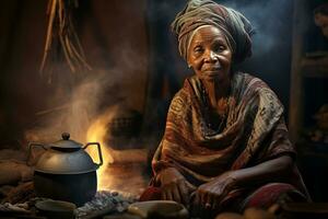 Old African Woman at the Fireside. Generative By Ai photo