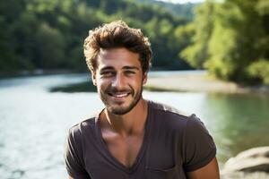 Portrait of a Handsome Young Man Smiling and Looking at the Camera. Generative By Ai photo