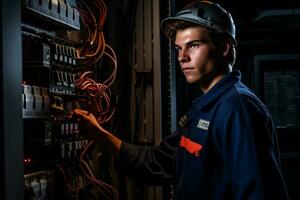 retrato de un joven masculino técnico en eléctrico trabajar. generativo por ai foto