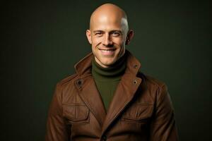 Portrait of a Smiling Young Man in a Brown Jacket. Generative By Ai photo