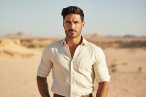 Portrait of a Handsome Man Standing in the Desert, Embracing Solitude and Natural Beauty. Generative By Ai photo