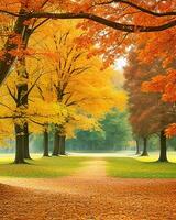 foto la carretera es rodeado por arboles con vistoso hojas durante otoño generado por ai