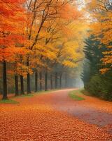 foto la carretera es rodeado por arboles con vistoso hojas durante otoño generado por ai