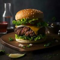 hamburguesa, carne chuleta carne de vaca bife, tomate, salsa, y lechuga foto