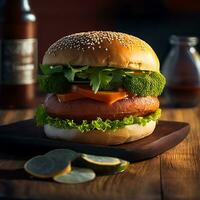 Burger, meat cutlet beef steak, tomato, sauce, and lettuce photo