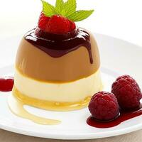 Gourmet dessert plate with caramel and fruit generative AI photo