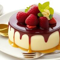Gourmet dessert plate with caramel and fruit generative AI photo