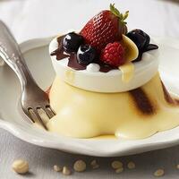 Gourmet dessert plate with caramel and fruit generative AI photo
