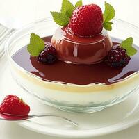 Gourmet dessert plate with caramel and fruit generative AI photo