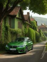 BMW car on the side of the city road Ai photo