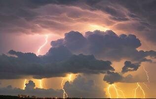 Thick black clouds flashed lightning in the sky photo